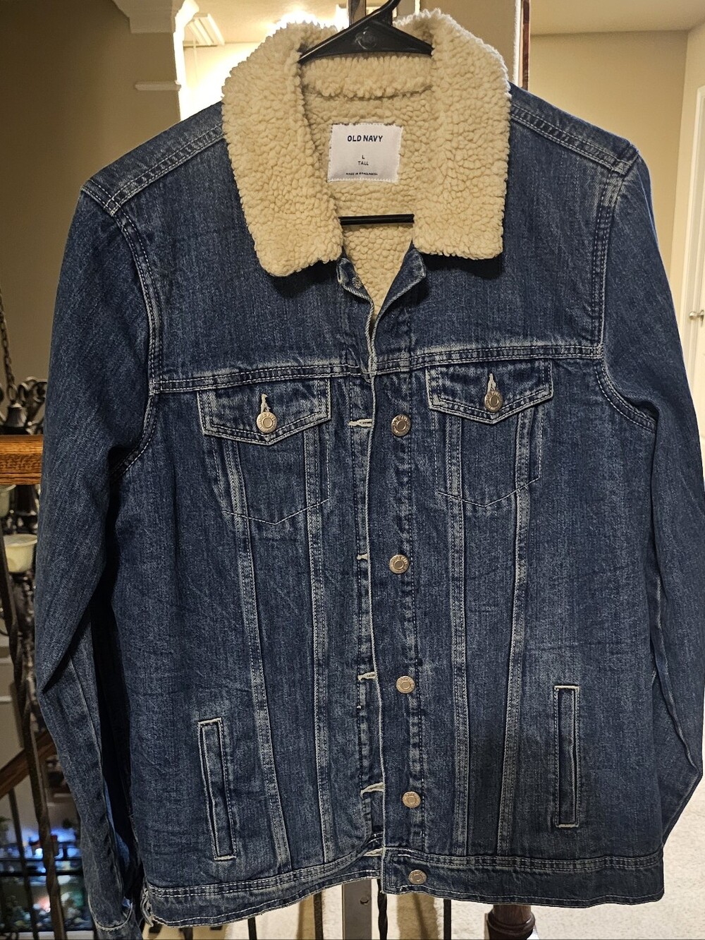 Old Navy Dark Blue Denim Jacket with Cream Sherpa Collar